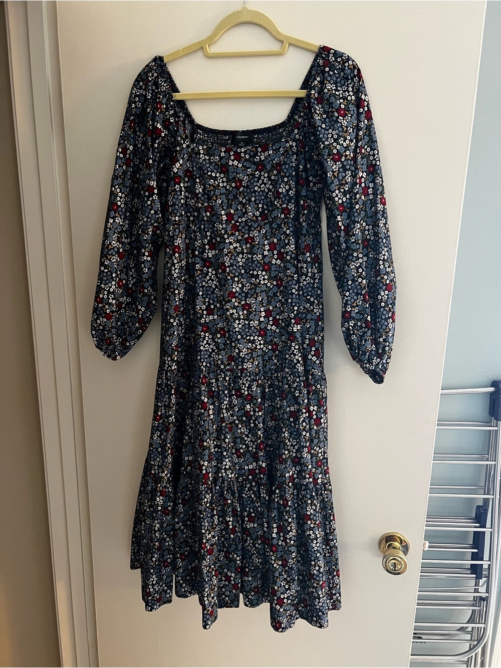summersalt Navy Floral Midi Dress with Puff Sleeves